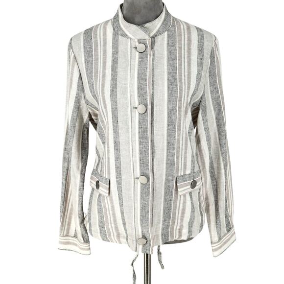 Jones NY Jacket Womens Medium Ivory Gray Linen Blend Mandarin Collar Blazer - Picture 1 of 16
